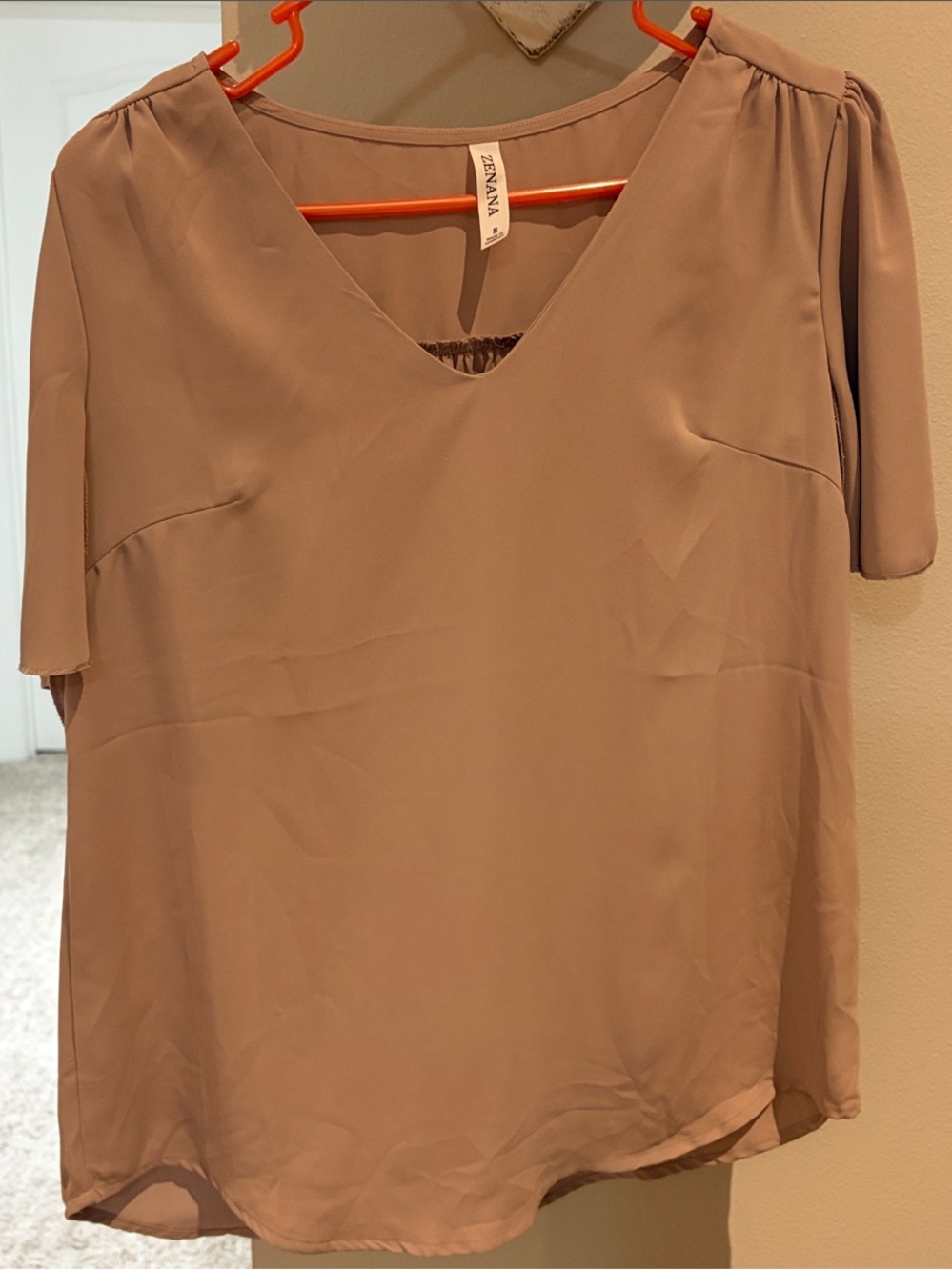 Zenana Outfitters Mauve-Taupe V-Neck Short Flutter Sleeve Blouse